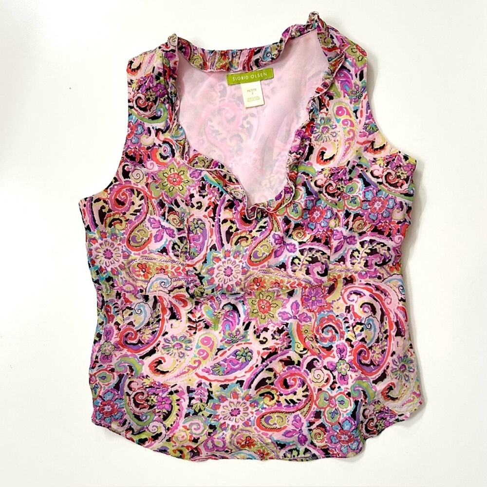 Sigrid Olsen Multicolor Paisley Blouse with Ruffled Neckline, Size 2P